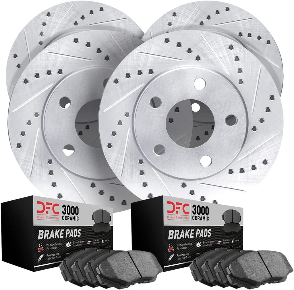 Front Rear Brake Rotors-Drilled and Slotted-Silver with 3000 Series Ceramic Brake Pads 7304-54113