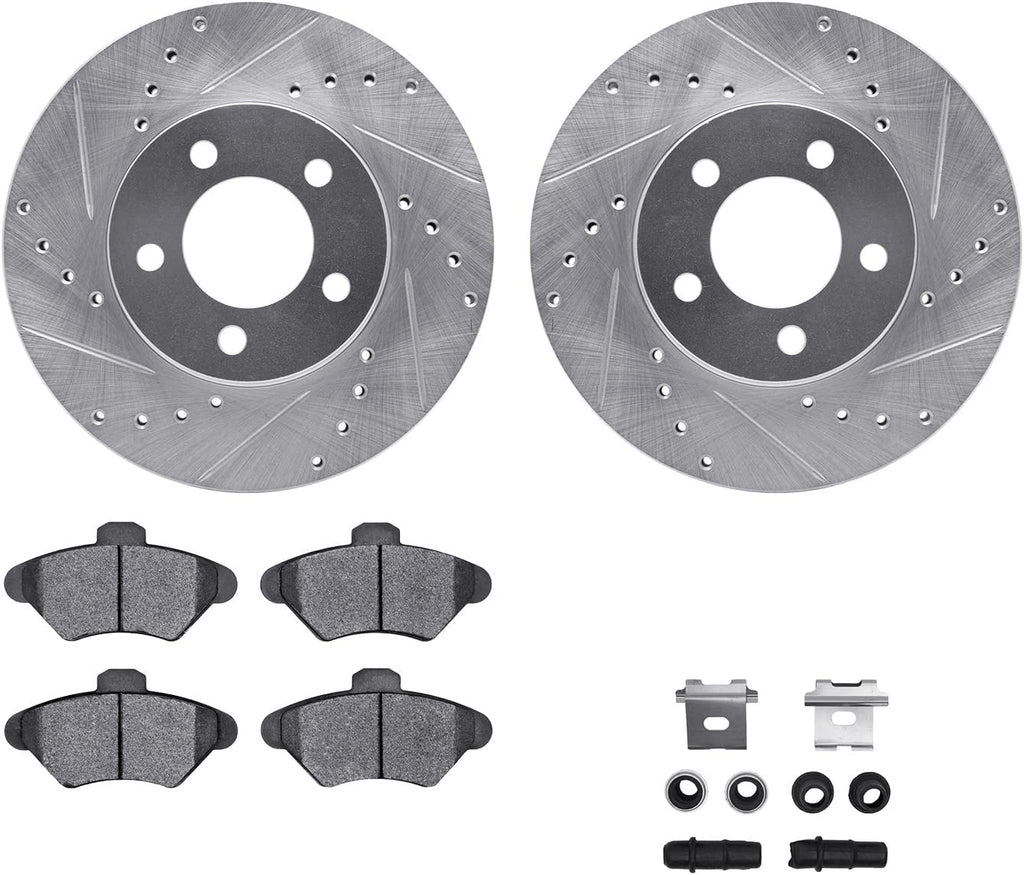 Front Brake Rotors-Drilled and Slotted-Silver with 5000 Euro Ceramic Brake Pads Includes Hardware 7612-54002