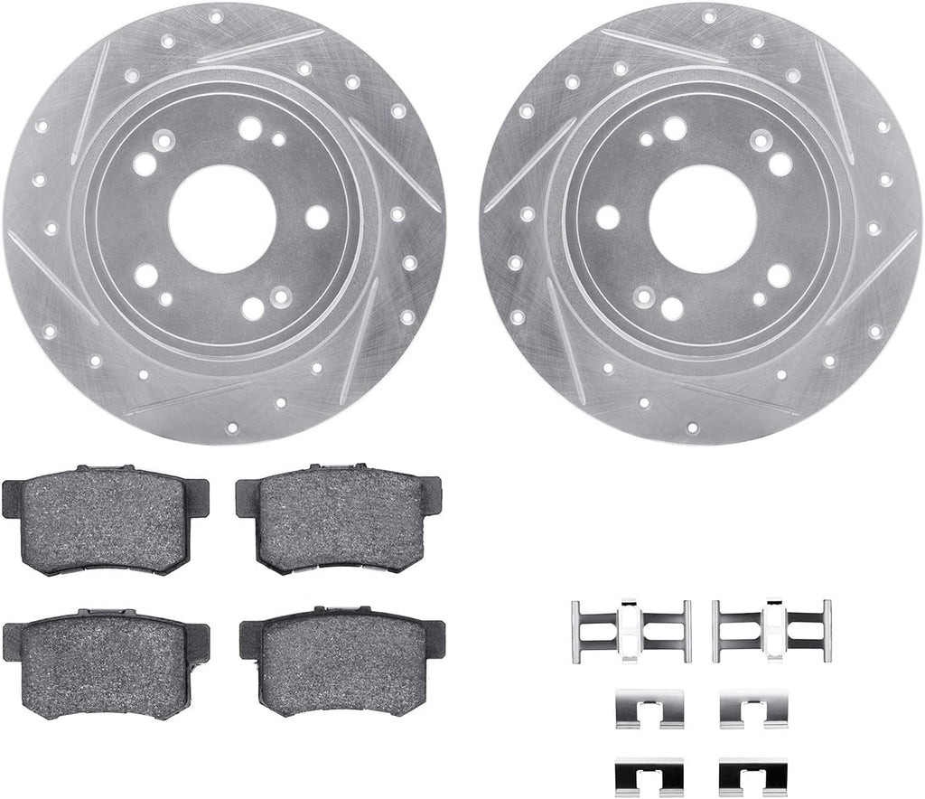 Rear Brake Rotors-Drilled and Slotted-Silver with 5000 Advanced Brake Pads Includes Hardware 7512-59043