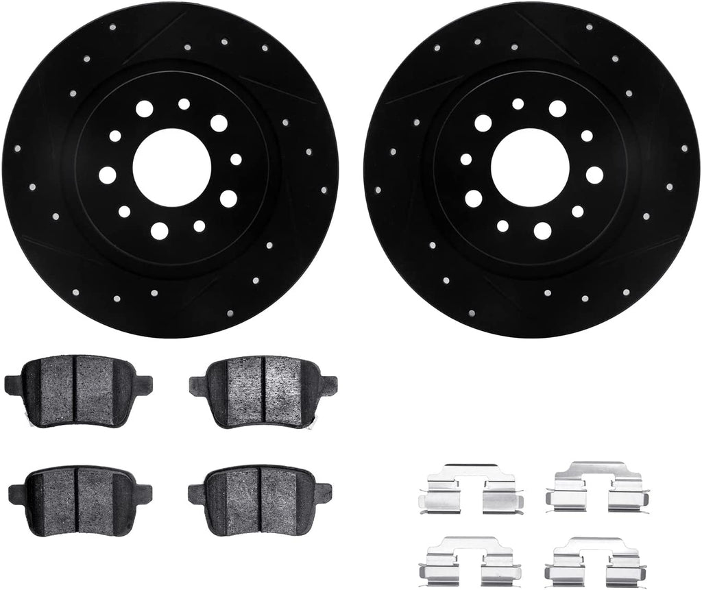 Rear Brake Rotors-Drilled and Slotted-Black with 5000 Advanced Brake Pads Includes Hardware 8512-07003