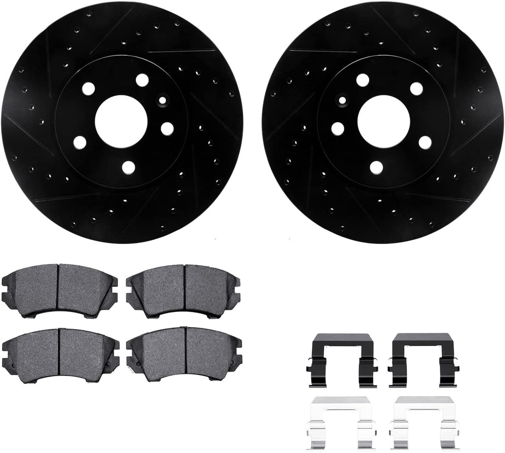 Front Brake Rotors-Drilled and Slotted-Black with 5000 Advanced Brake Pads Includes Hardware 8512-45011