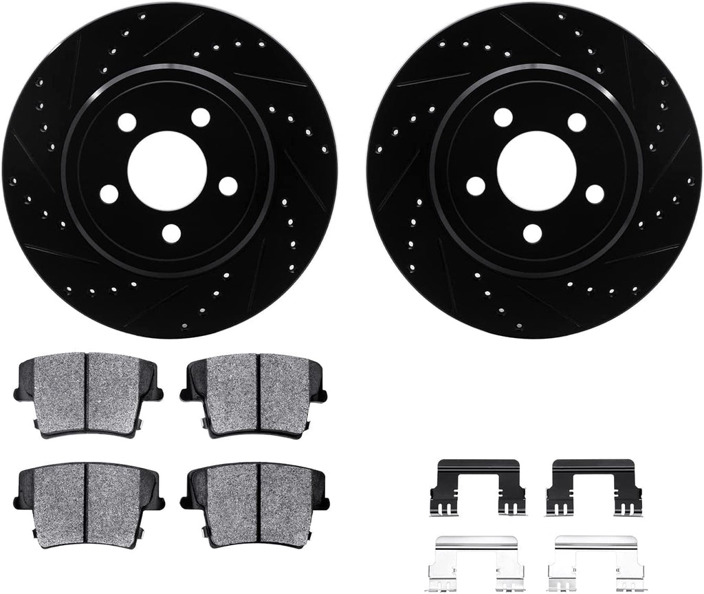 Rear Brake Rotors-Drilled and Slotted-Black with 5000 Advanced Brake Pads Includes Hardware 8512-39111