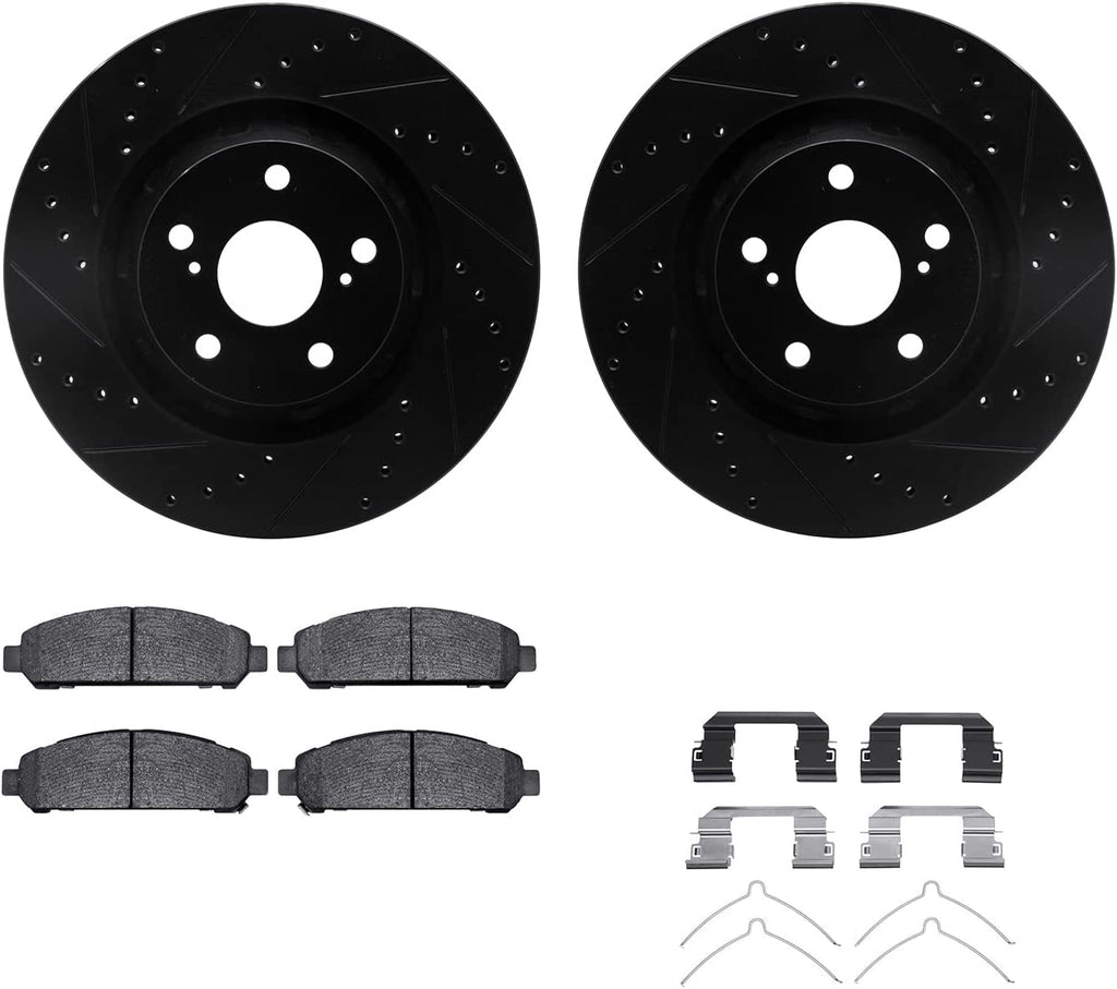 Front Brake Rotors-Drilled and Slotted-Black with 5000 Euro Ceramic Brake Pads Includes Hardware 8612-76002