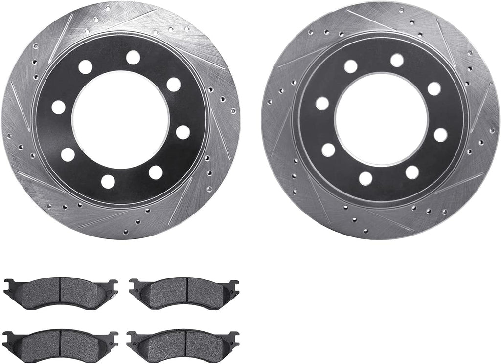 Rear Brake Rotors-Drilled and Slotted-Silver with Heavy Duty Brake Pads 7202-40132