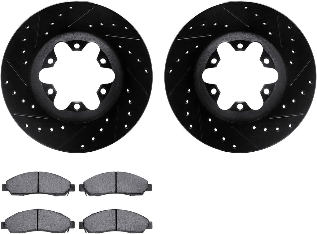 Front Brake Rotors-Drilled and Slotted-Black with 5000 Advanced Brake Pads 8502-48056