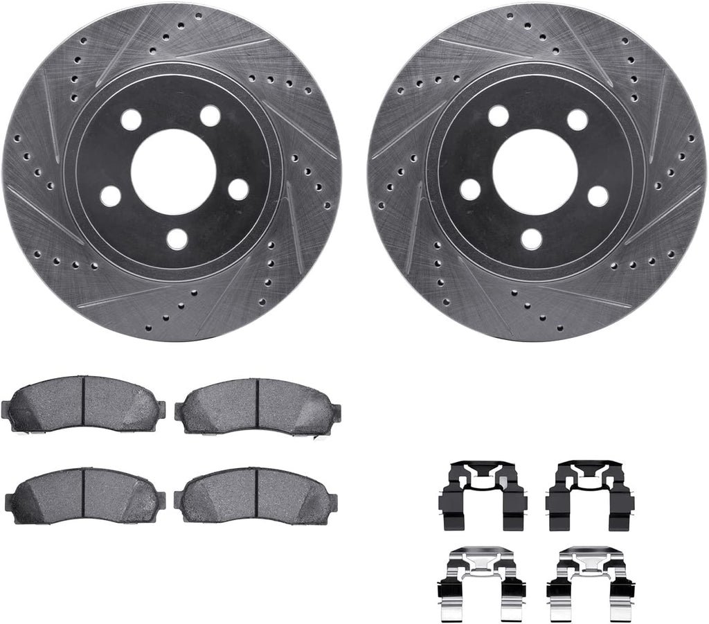 Front Brake Rotors-Drilled and Slotted-Silver with 5000 Advanced Brake Pads Includes Hardware 7512-54139