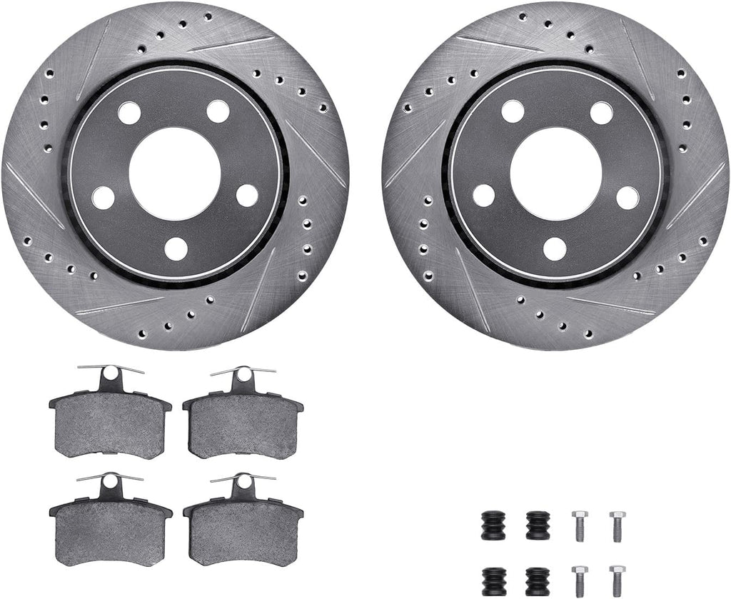 Rear Brake Rotors-Drilled and Slotted-Silver with 5000 Euro Ceramic Brake Pads Includes Hardware 7612-73003