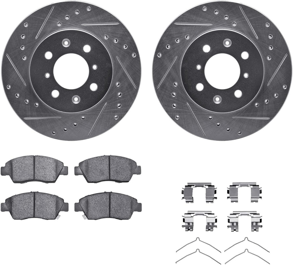 Front Brake Rotors-Drilled and Slotted-Silver with 5000 Advanced Brake Pads Includes Hardware 7512-59015