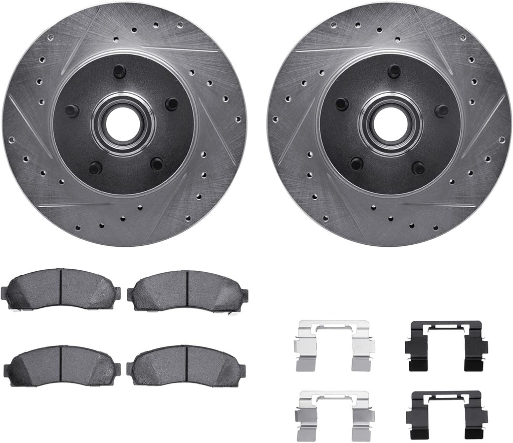 Front Brake Rotors-Drilled and Slotted-Silver with Heavy Duty Brake Pads Includes Hardware 7212-99124