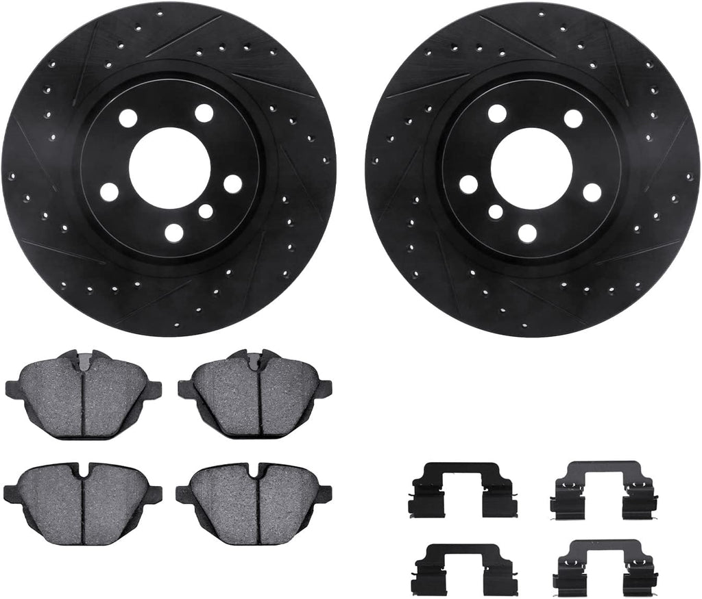 Rear Brake Rotors-Drilled and Slotted-Black with 5000 Euro Ceramic Brake Pads Includes Hardware 8612-31119