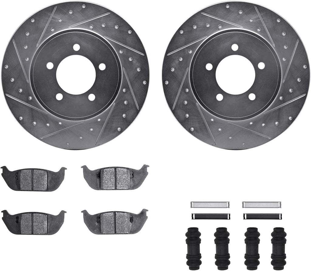 Rear Brake Rotors-Drilled and Slotted-Silver with Heavy Duty Brake Pads Includes Hardware 7212-55015
