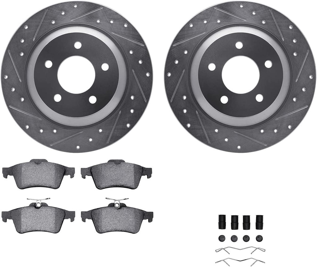 Rear Brake Rotors-Drilled and Slotted-Silver with 5000 Euro Ceramic Brake Pads Includes Hardware 7612-80005