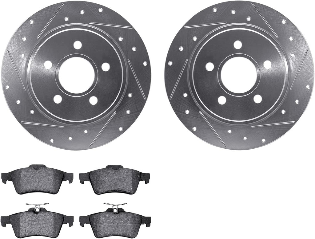 Rear Brake Rotors-Drilled and Slotted-Silver with 5000 Euro Ceramic Brake Pads 7602-27033