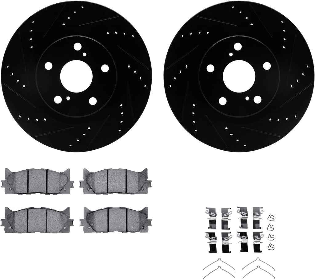 Front Brake Rotors-Drilled and Slotted-Black with 5000 Advanced Brake Pads Includes Hardware 8512-76137