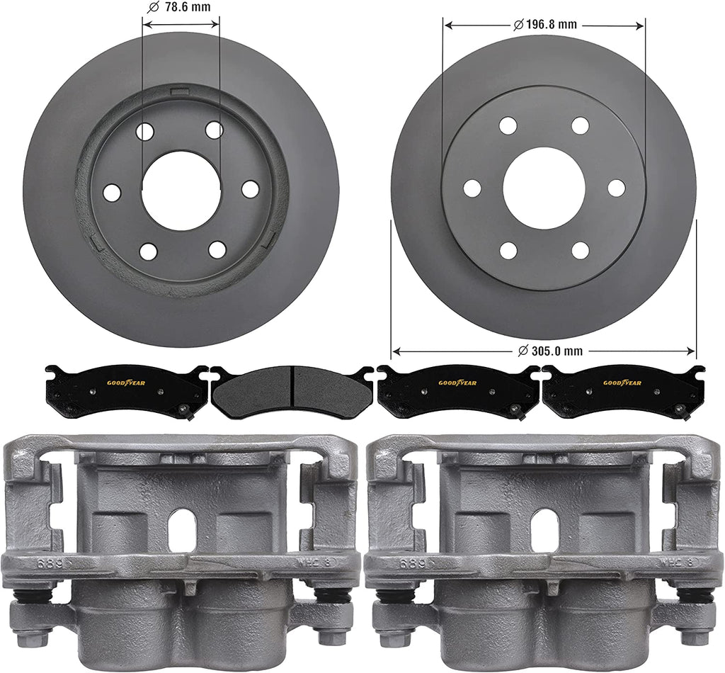 Front Brake Kit Calipers Rotors Ceramic Pads for GMC & Chevy Trucks Goodyear