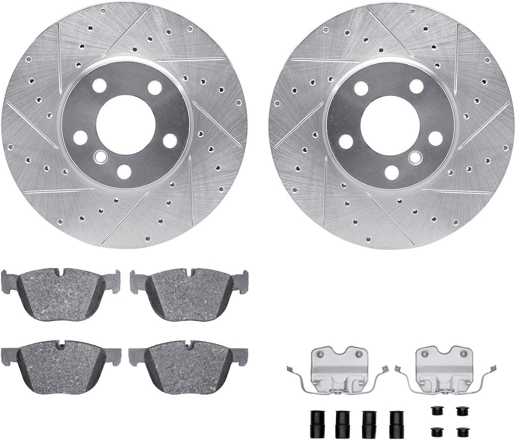 Front Brake Rotors-Drilled and Slotted-Silver with 5000 Advanced Brake Pads Includes Hardware 7512-31093