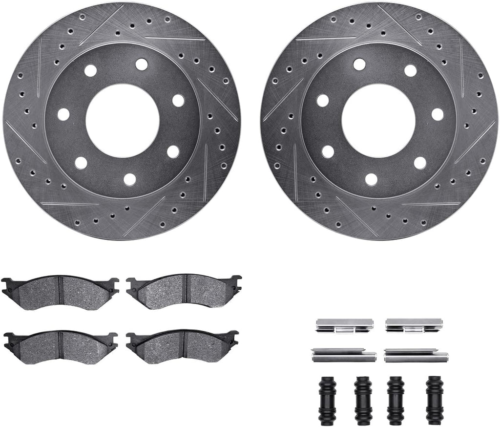 Front Brake Rotors-Drilled and Slotted-Silver with Ultimate Duty Performance Brake Pads Includes Hardware 7412-54038