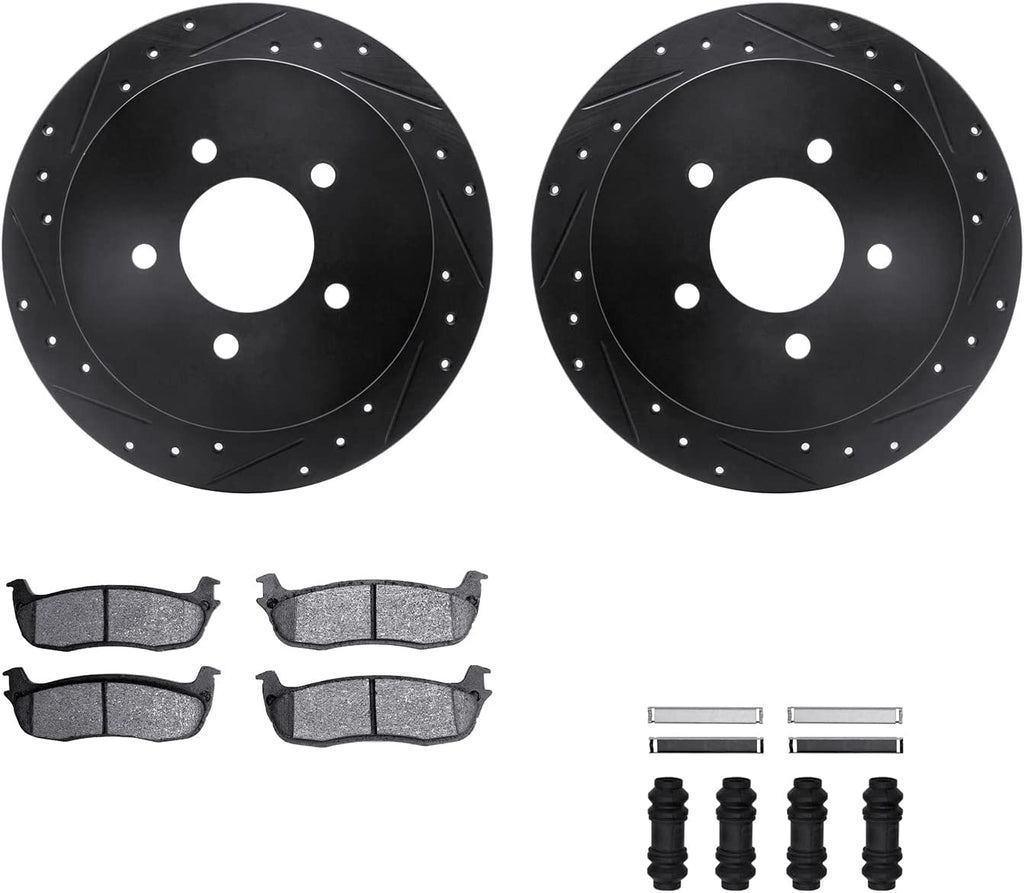 Rear Brake Rotors-Drilled and Slotted-Black with Ultimate Duty Performance Brake Pads Includes Hardware 8412-54061