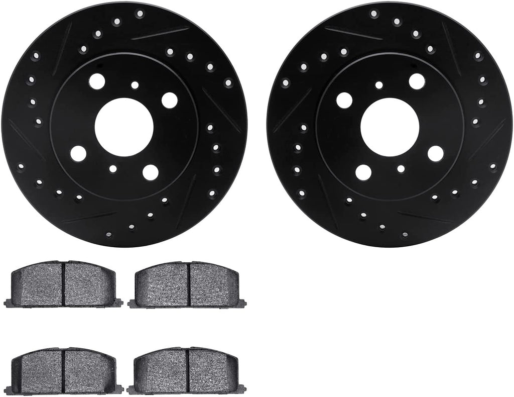 Front Brake Rotors-Drilled and Slotted-Black with 5000 Advanced Brake Pads 8502-76036