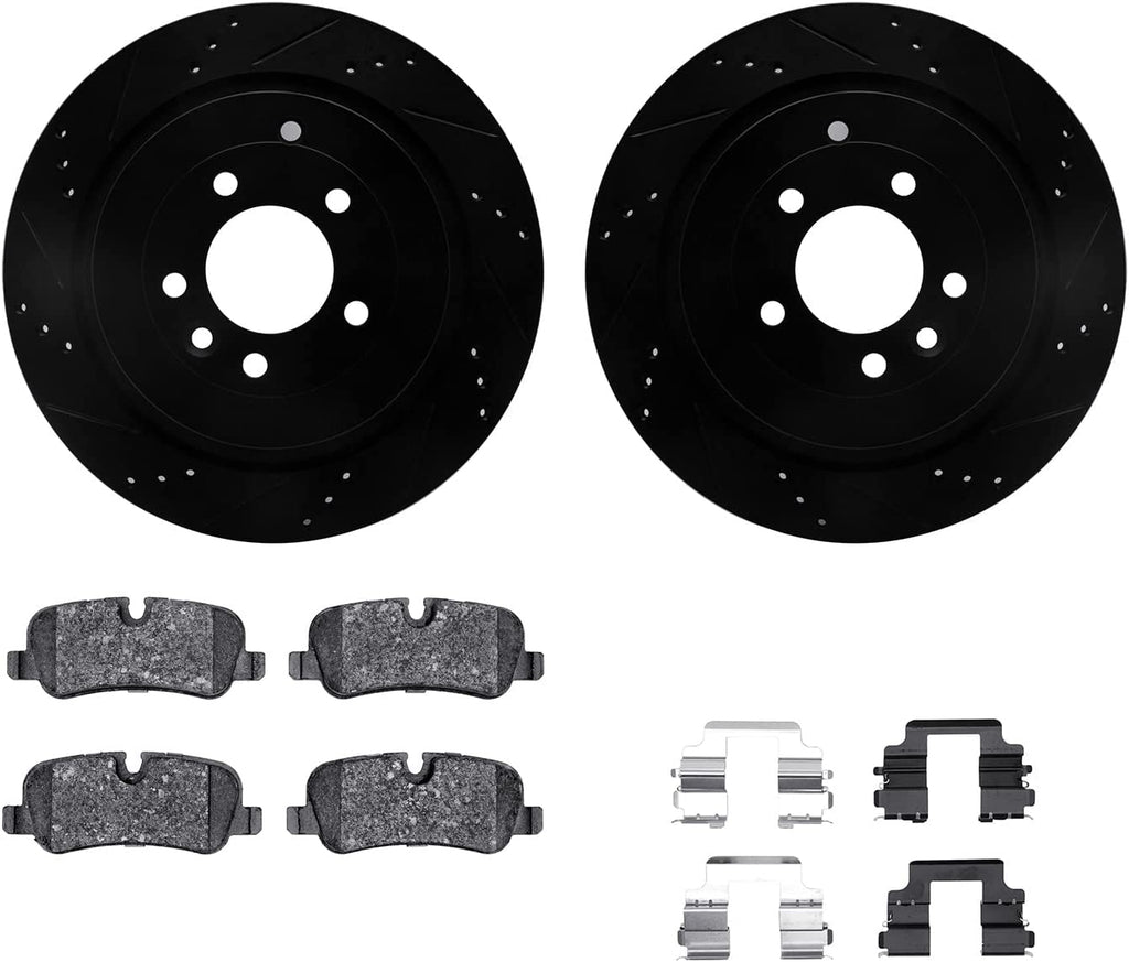 Rear Brake Rotors-Drilled and Slotted-Black with 5000 Advanced Brake Pads Includes Hardware 8512-11026