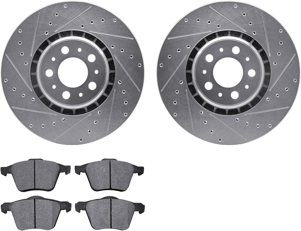 Front Brake Rotors-Drilled and Slotted-Silver with 5000 Euro Ceramic Brake Pads 7602-27041