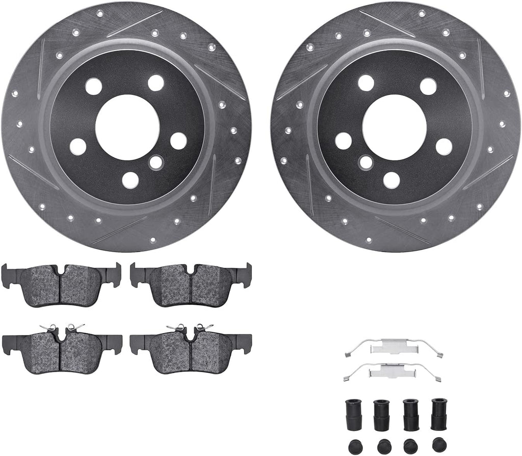 Rear Brake Rotors-Drilled and Slotted-Silver with 5000 Euro Ceramic Brake Pads Includes Hardware 7612-32014