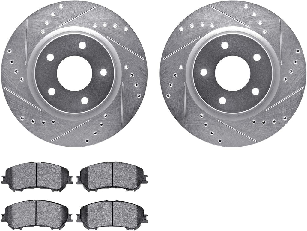 Front Brake Rotors-Drilled and Slotted-Silver with 5000 Euro Ceramic Brake Pads 7602-67013