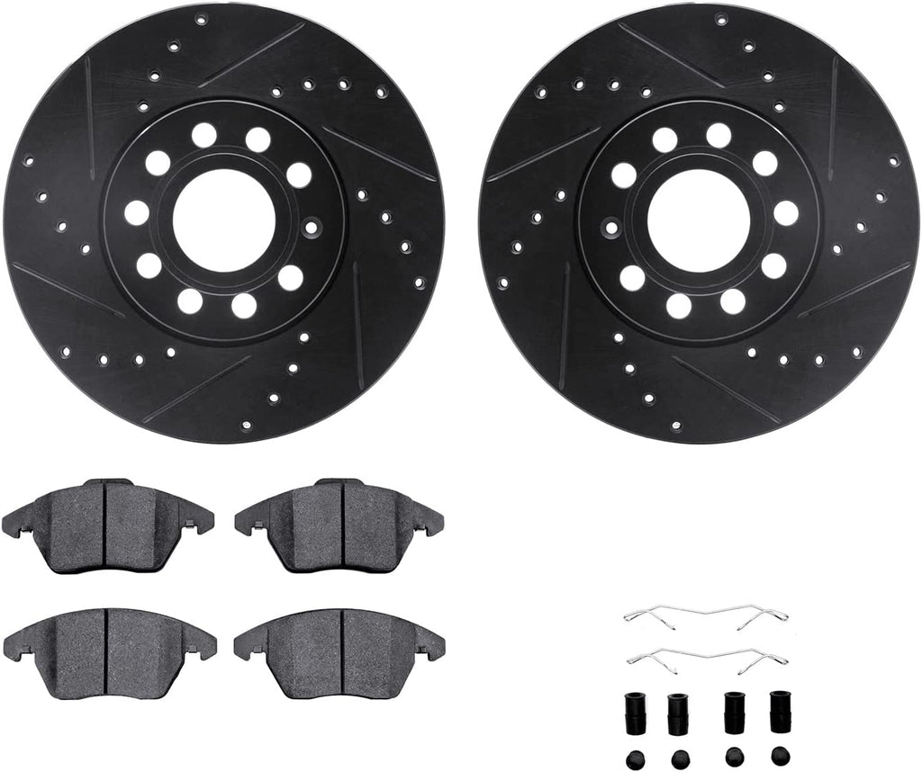 Front Brake Rotors-Drilled and Slotted-Black with 5000 Advanced Brake Pads Includes Hardware 8512-74056