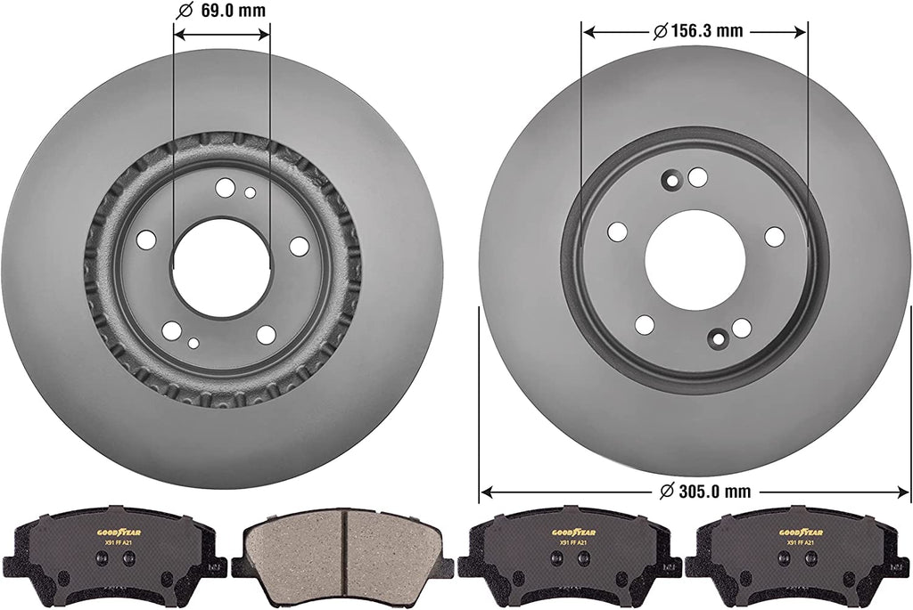 Front Brake Rotors & Ceramic Pads Kit for 2017-2020 Hyundai Elantra Goodyear