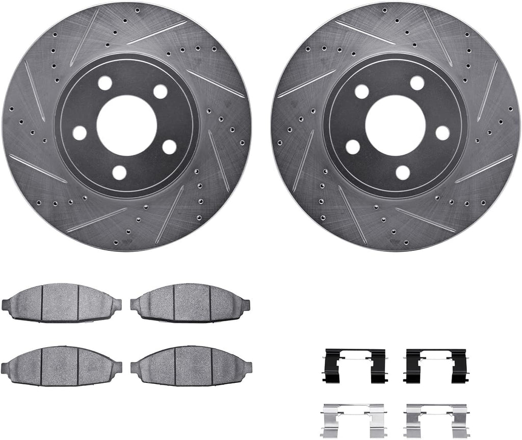 Front Brake Rotors-Drilled and Slotted-Silver with 5000 Advanced Brake Pads Includes Hardware 7512-56109