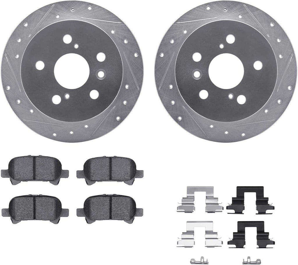Rear Brake Rotors-Drilled and Slotted-Silver with 5000 Advanced Brake Pads Includes Hardware 7512-76120