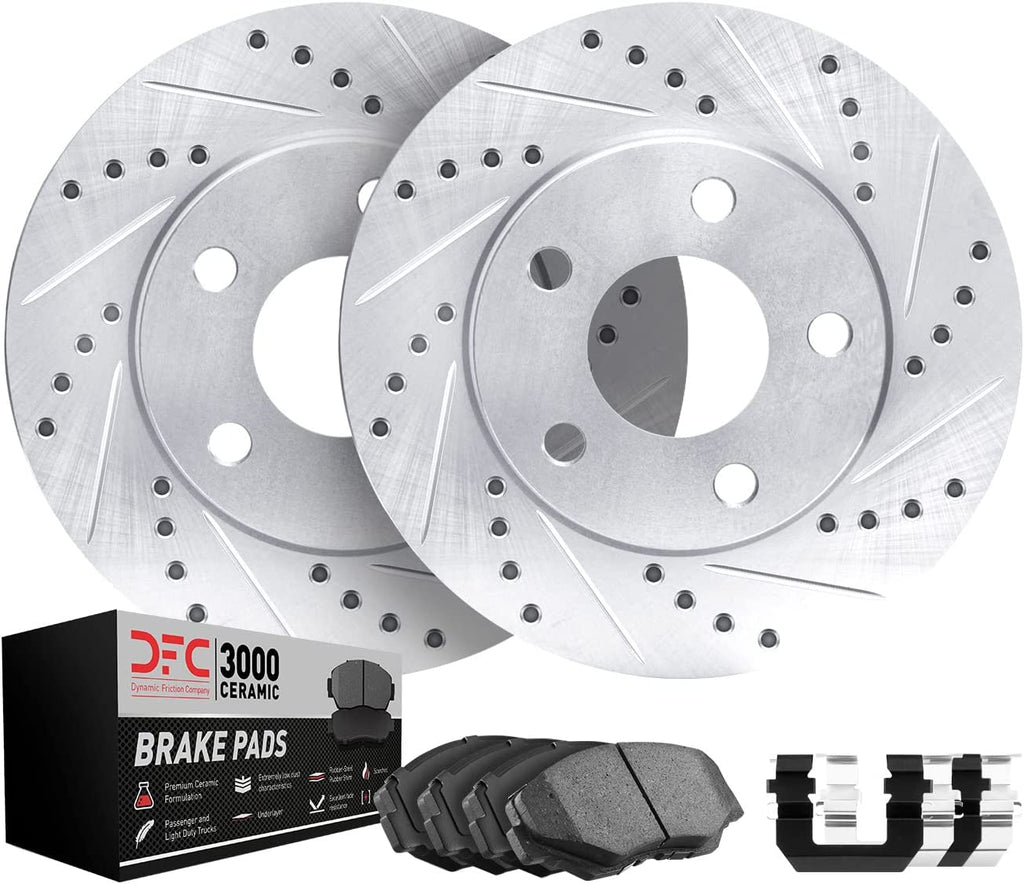 Rear Brake Rotors-Drilled and Slotted-Silver with 3000 Series Ceramic Brake Pads Includes Hardware 7312-03103