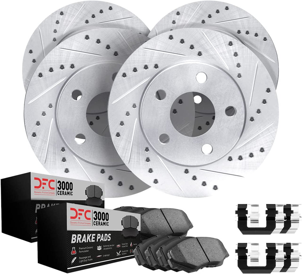 Front Rear Brake Rotors-Drilled and Slotted-Silver with 3000 Series Ceramic Brake Pads Includes Hardware 7314-42008