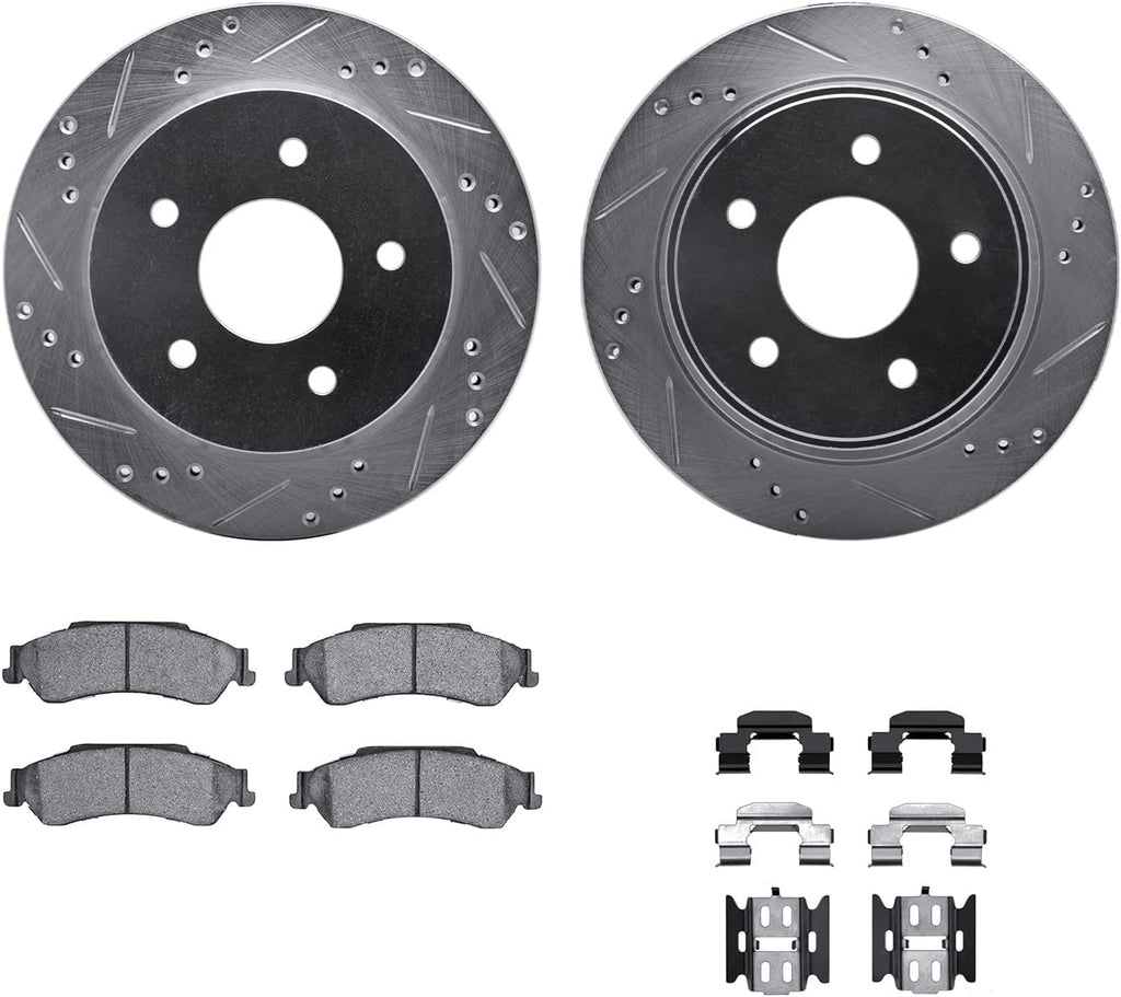 Rear Brake Rotors-Drilled and Slotted-Silver with Heavy Duty Brake Pads Includes Hardware 7212-48001