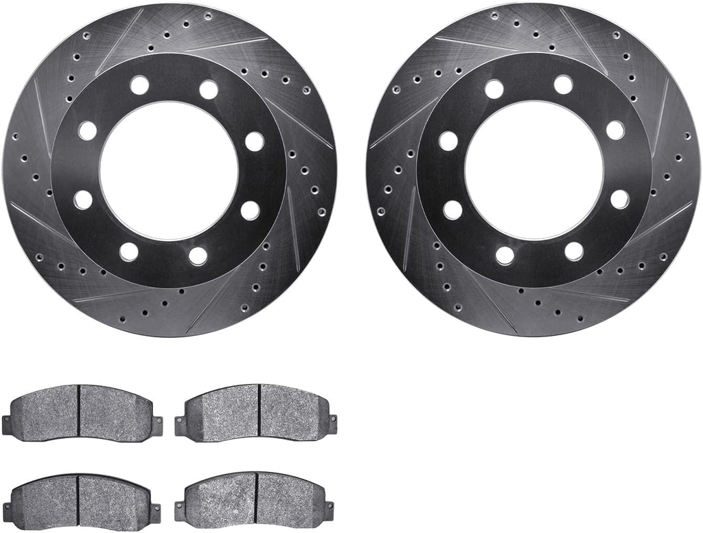 Front Brake Rotors-Drilled and Slotted-Silver with Ultimate Duty Performance Brake Pads 7402-54080