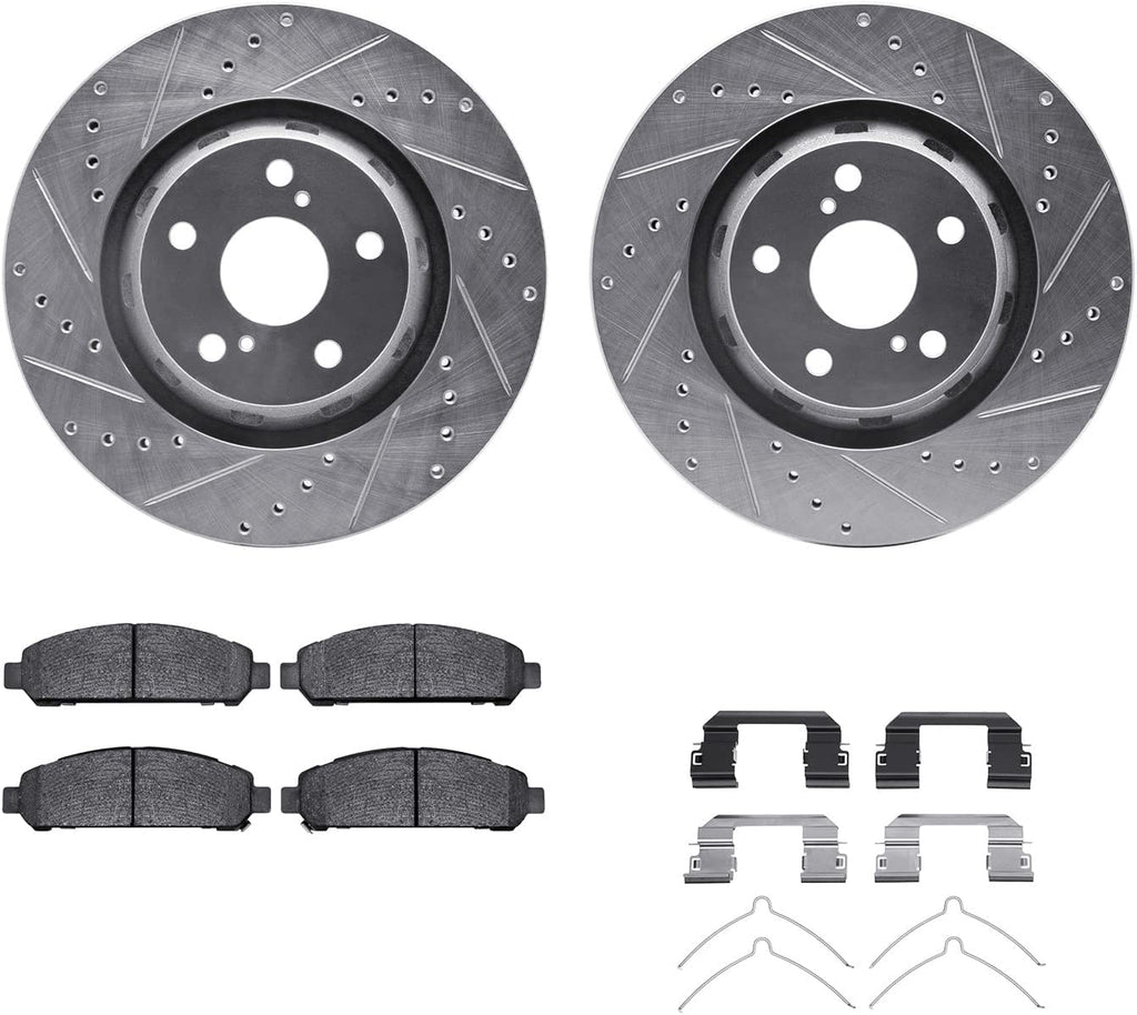 Front Brake Rotors-Drilled and Slotted-Silver with 5000 Advanced Brake Pads Includes Hardware 7512-76168