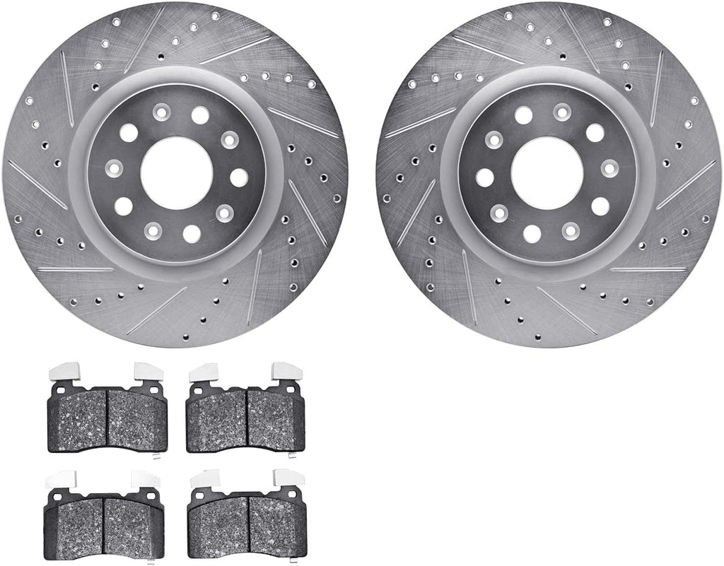 Front Brake Rotors-Drilled and Slotted-Silver with 5000 Euro Ceramic Brake Pads 7602-46017