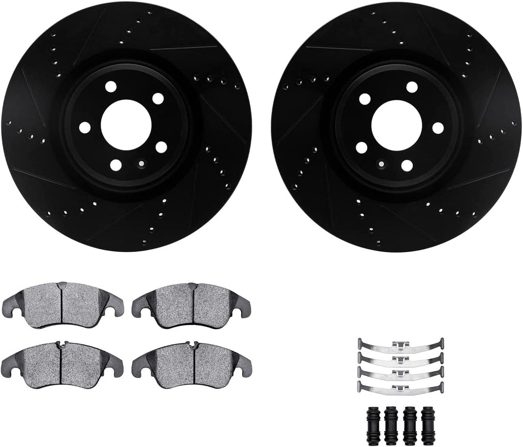Front Brake Rotors-Drilled and Slotted-Black with 5000 Advanced Brake Pads Includes Hardware 8512-73093