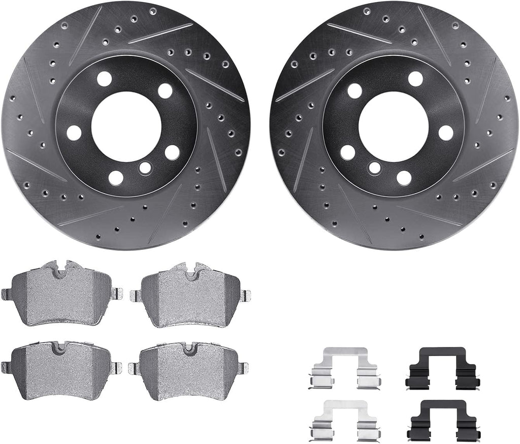 Front Brake Rotors-Drilled and Slotted-Silver with 5000 Advanced Brake Pads Includes Hardware 7512-32009