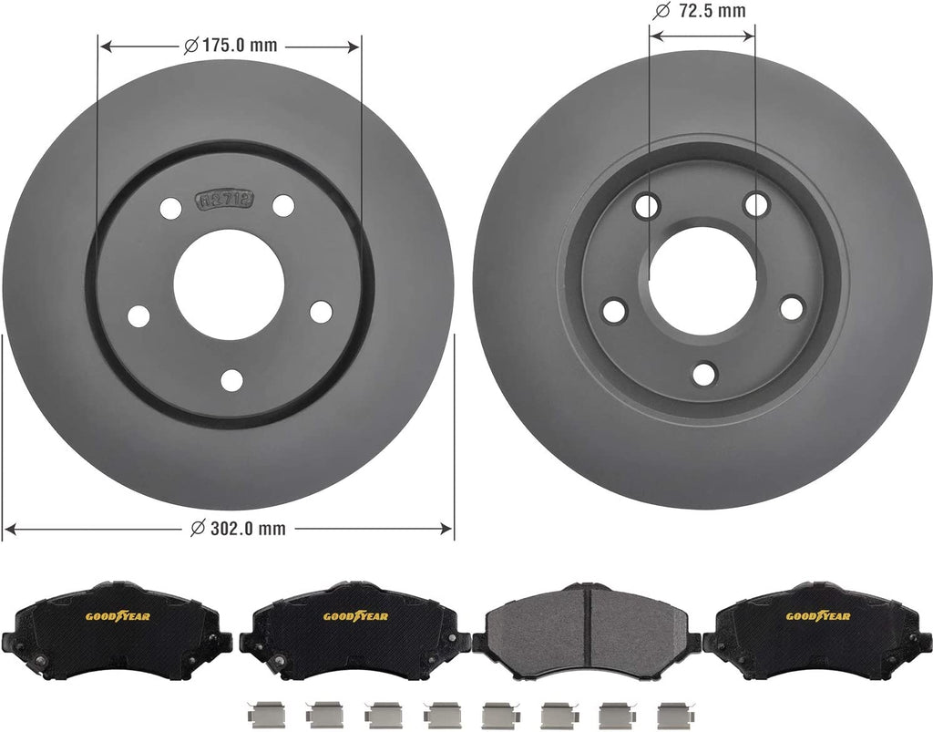 Front Brake Rotors & Ceramic Pads Kit for Chrysler Dodge Vans Goodyear PRK39648F