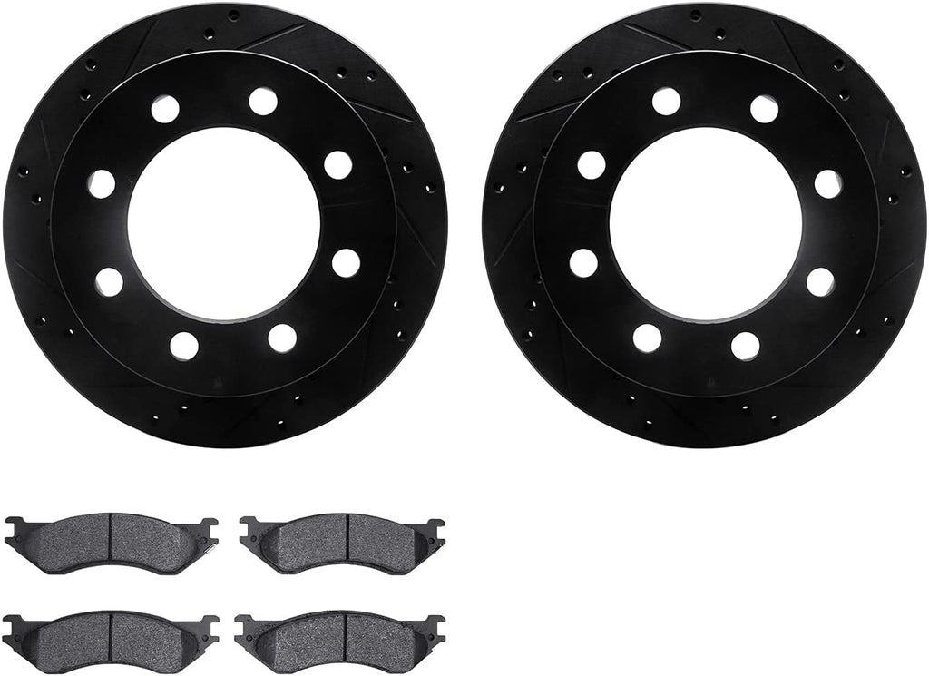 Rear Brake Rotors-Drilled and Slotted-Black with Heavy Duty Brake Pads 8202-40121