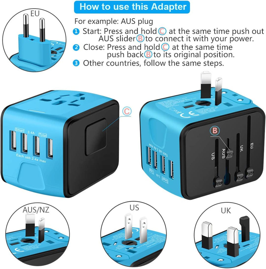 Universal International Travel Power Adapter W/Smart High Speed 2.4A 4Xusb Wall Charger, European Adapter, Worldwide AC Outlet Plugs Adapters for Europe, UK, US, AU, Asia-Blue