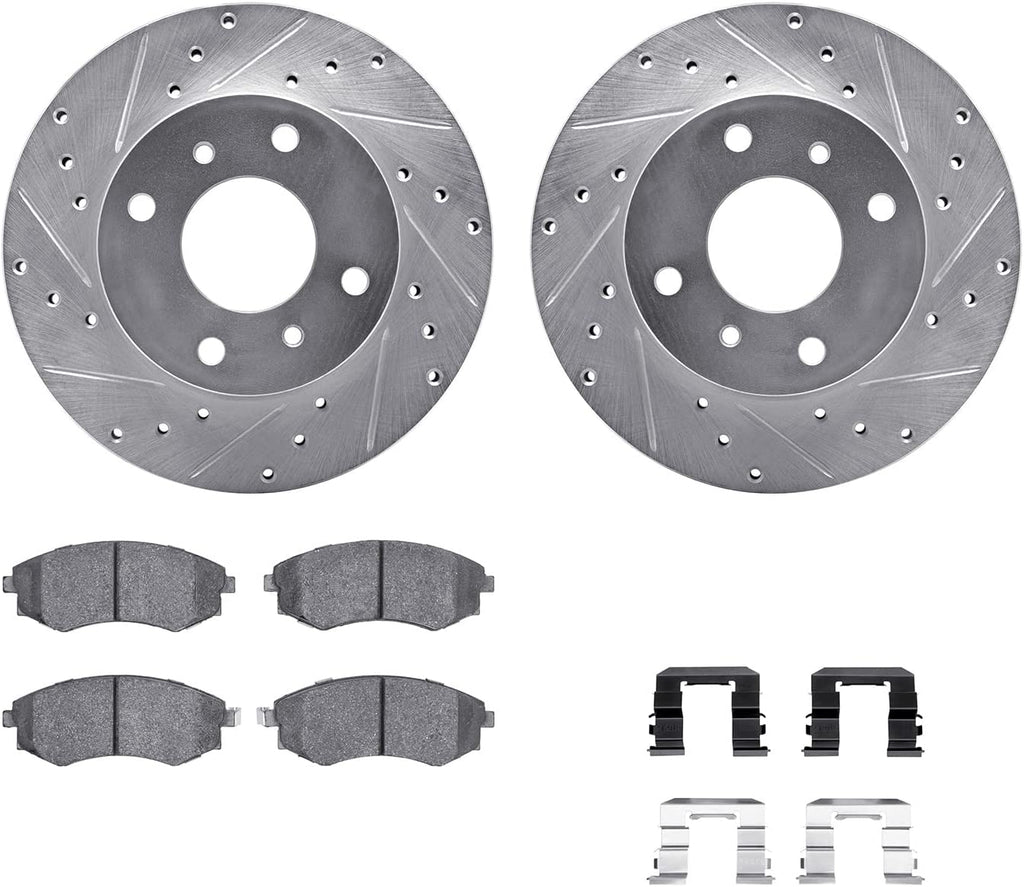 Front Brake Rotors-Drilled and Slotted-Silver with 5000 Advanced Brake Pads Includes Hardware 7512-67028