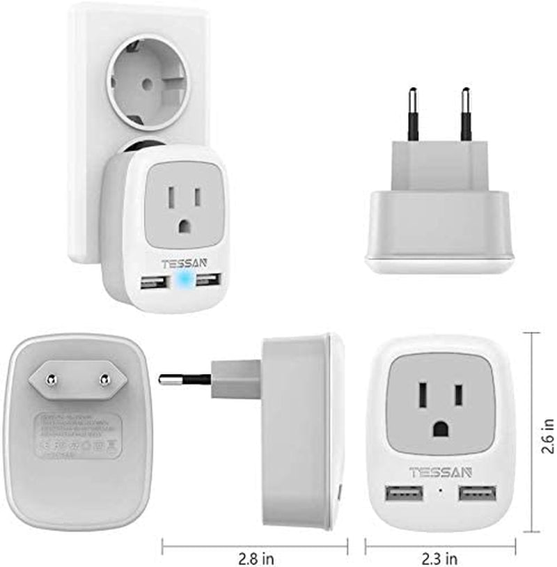 European Travel Plug Adapter 2 Pack,  International Power Outlet Adaptor with 2 USB, Type C Charger from USA to Most of Europe EU Spain Iceland Germany France Italy Israel