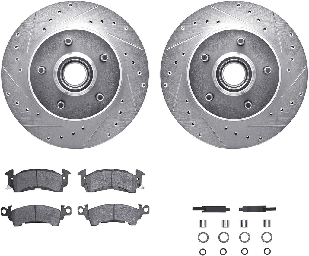 Front Brake Rotors-Drilled and Slotted-Silver with 5000 Advanced Brake Pads Includes Hardware 7512-48147