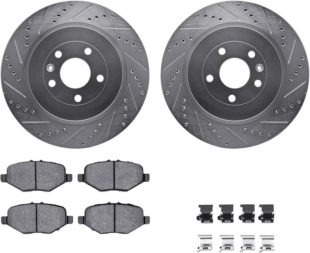 Rear Brake Rotors-Drilled and Slotted-Silver with Heavy Duty Brake Pads Includes Hardware 7212-99233
