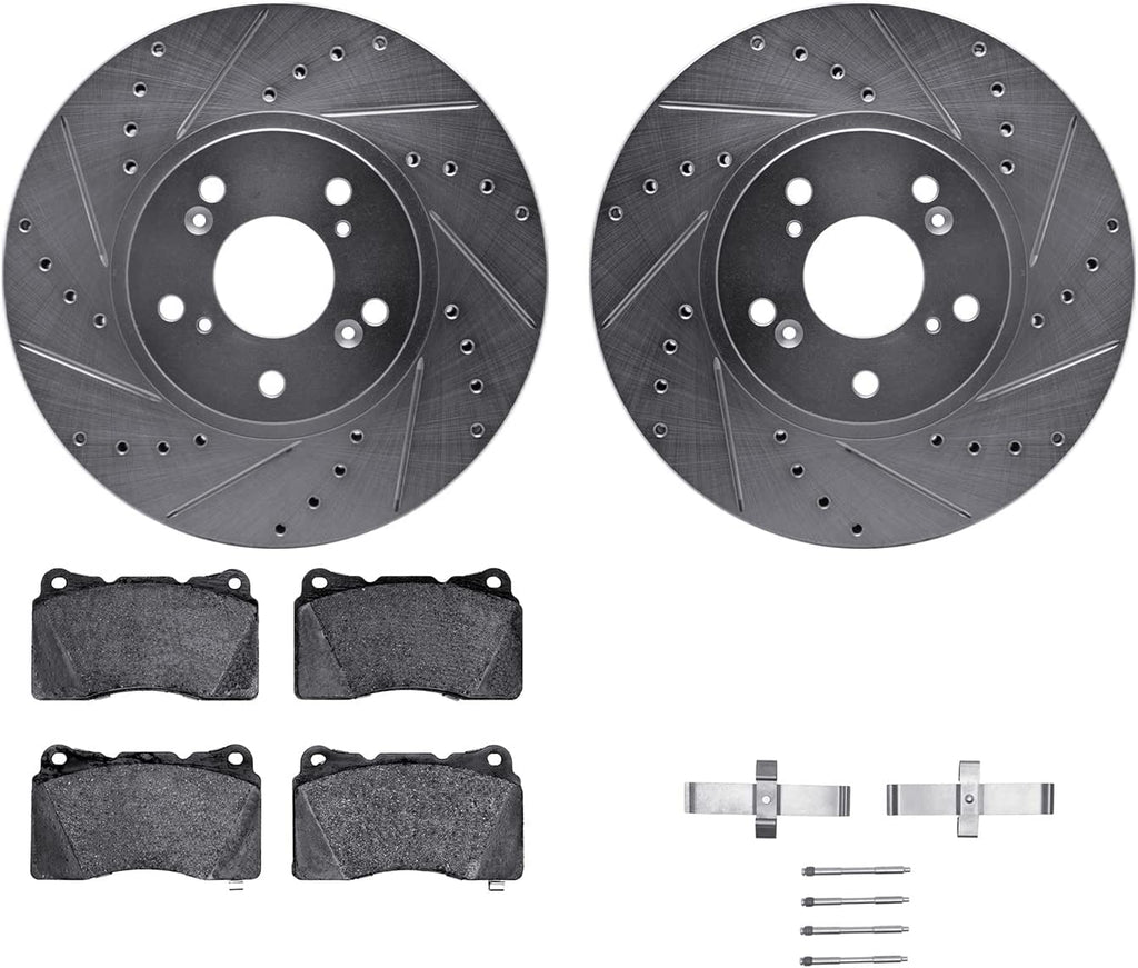 Front Brake Rotors-Drilled and Slotted-Silver with 5000 Advanced Brake Pads Includes Hardware 7512-58025