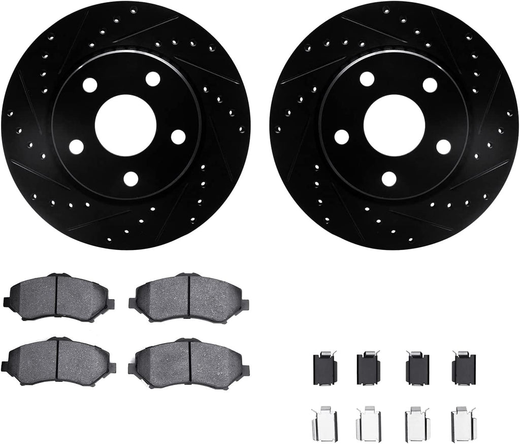 Front Brake Rotors-Drilled and Slotted-Black with Heavy Duty Brake Pads Includes Hardware 8212-42103