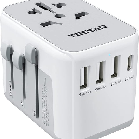 Universal Power Adapter,  International Plug Adaptor with 4 USB Ports (1 USB C), Travel Worldwide Essentials Wall Charger for US to Europe Germany France Spain Ireland Australia(Type C/G/A/I)