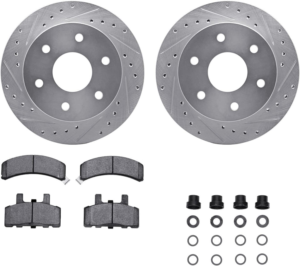 Front Brake Rotors-Drilled and Slotted-Silver with 5000 Advanced Brake Pads Includes Hardware 7512-48019